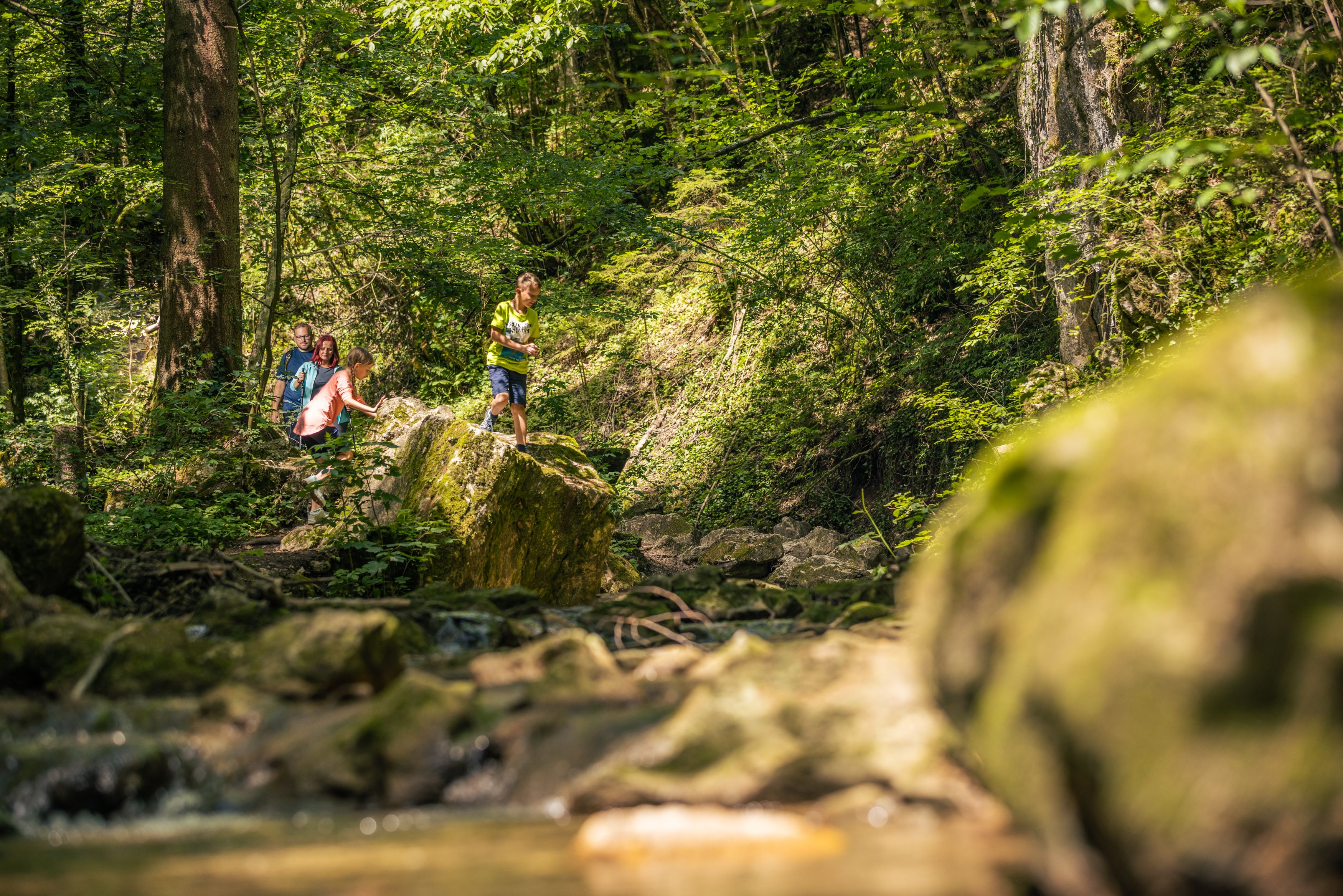 Familie wandert in der Johannesbachklamm, umgeben von üppigem Grün und Felsen.