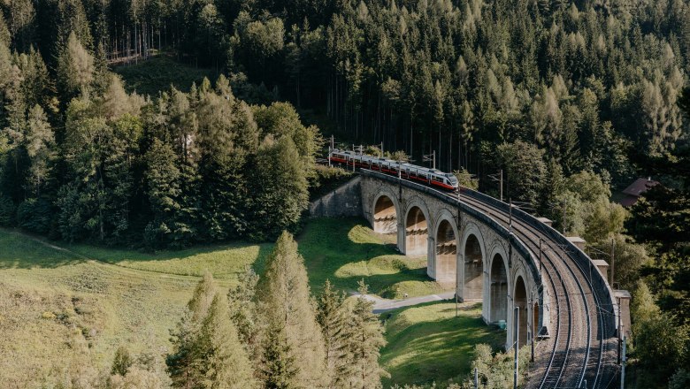 A train crosses a viaduct, trees in the surroundings