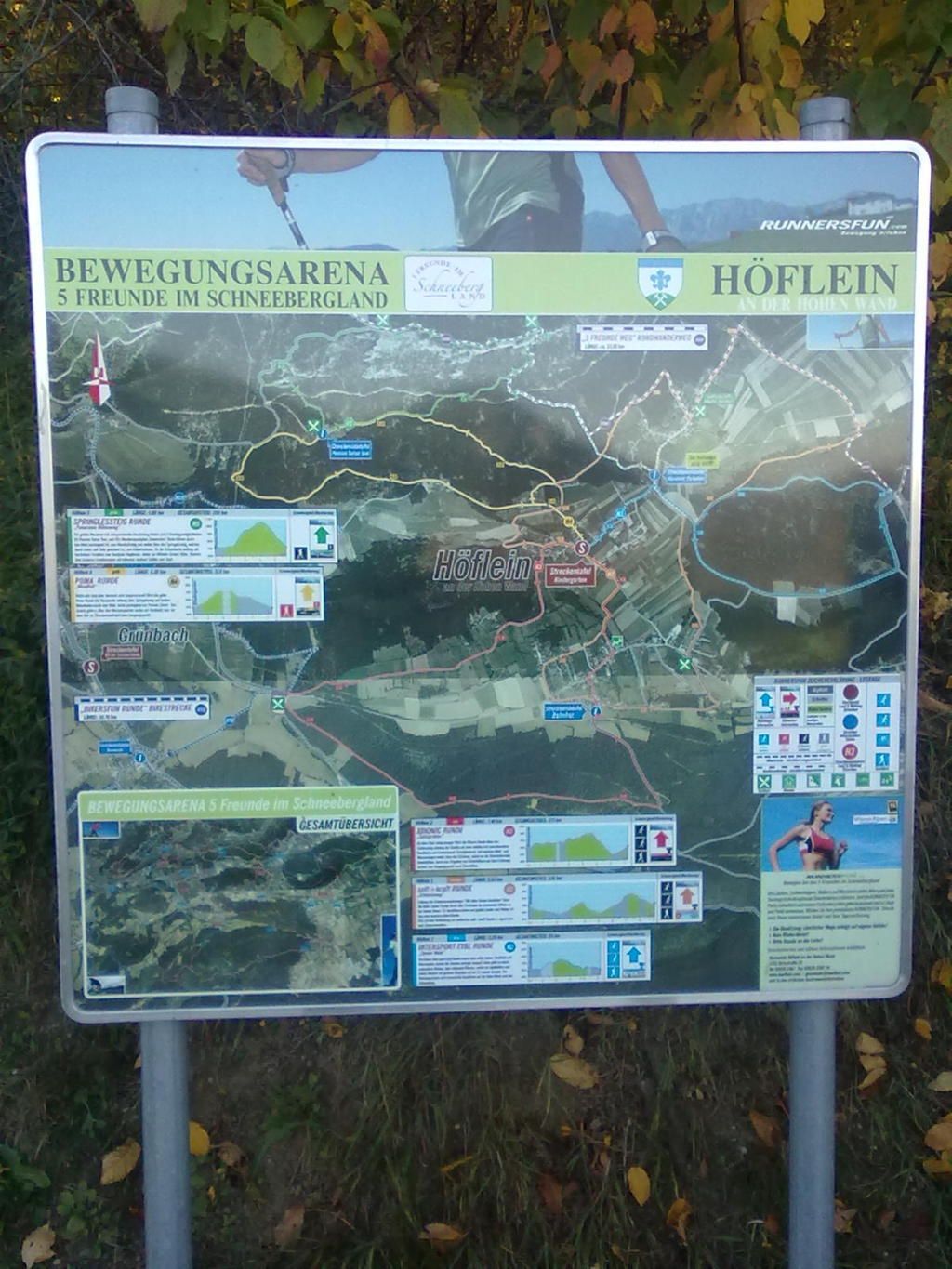 Tájékoztató tábla túraútvonalakkal Höfleinben, Ausztriában.