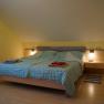 Schlafzimmer mit Doppelbett, karierten Bettdecken und Nachttischlampen.
