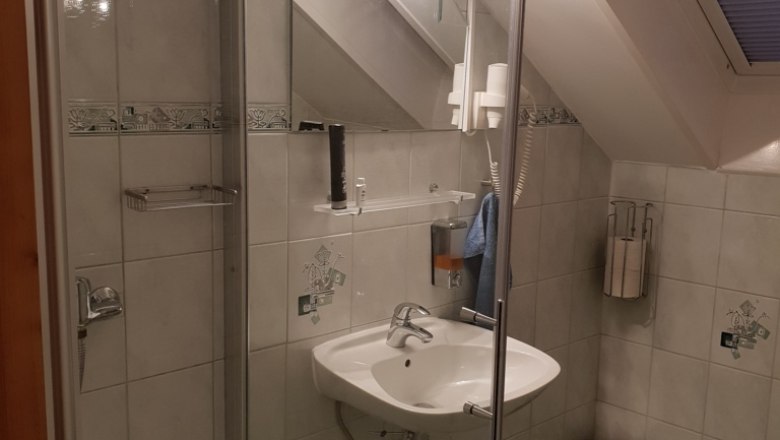 Ein Badezimmer mit Dusche, Waschbecken, Spiegel und Dachfenster.