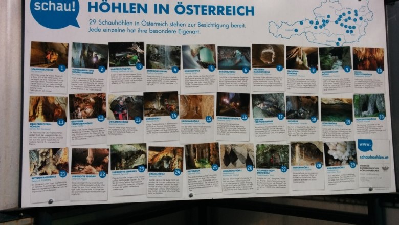 Information board about show caves in Austria with pictures and descriptions.