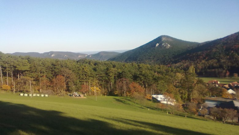Landschaft mit Hügeln, Wald und Wiesen unter klarem Himmel.