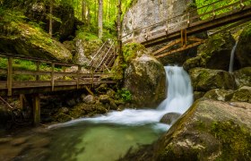 Waterfall with wooden bridges and steps in a wooded area.