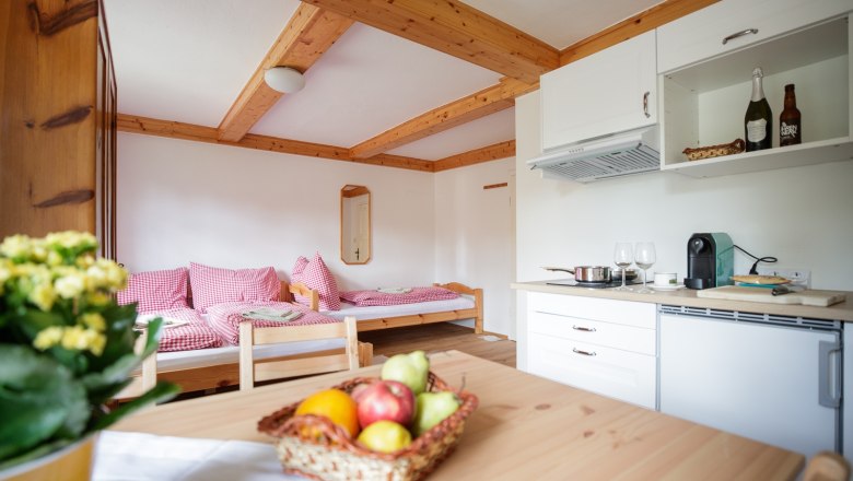 Gem&uuml;tliche Ferienwohnung mit Holzm&ouml;beln, K&uuml;che und Schlafbereich.