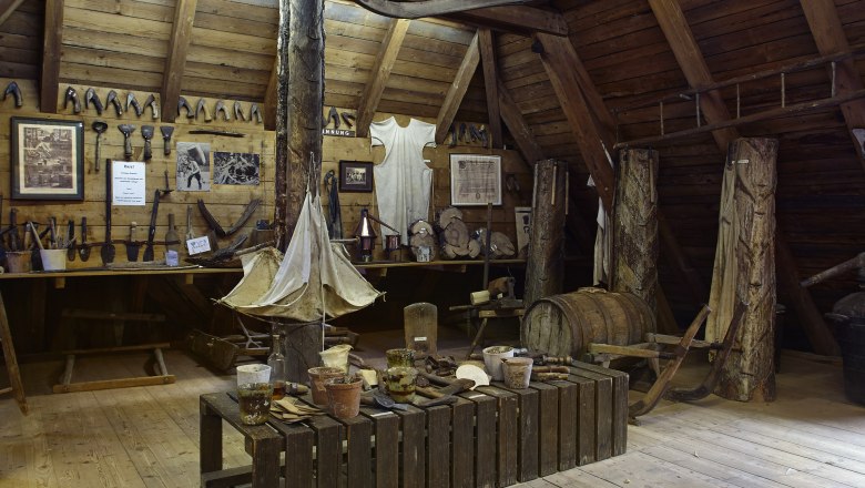 Interior view of the Gutenstein Forest Farmers' Museum with old tools and wooden objects.