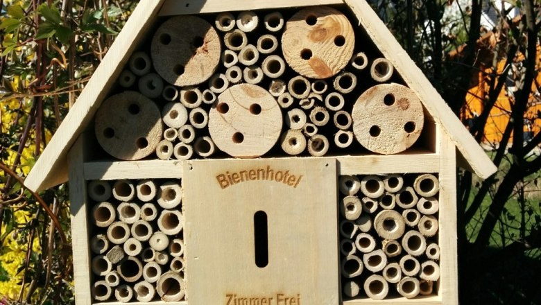 Ein Bienenhotel aus Holz mit verschiedenen R&ouml;hren und L&ouml;chern, aufgeh&auml;ngt an einem Pfosten im Garten.