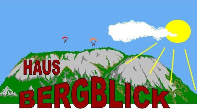 Illustration of a mountain with the inscription 'Haus Bergblick', two paragliders and the sun in the sky.