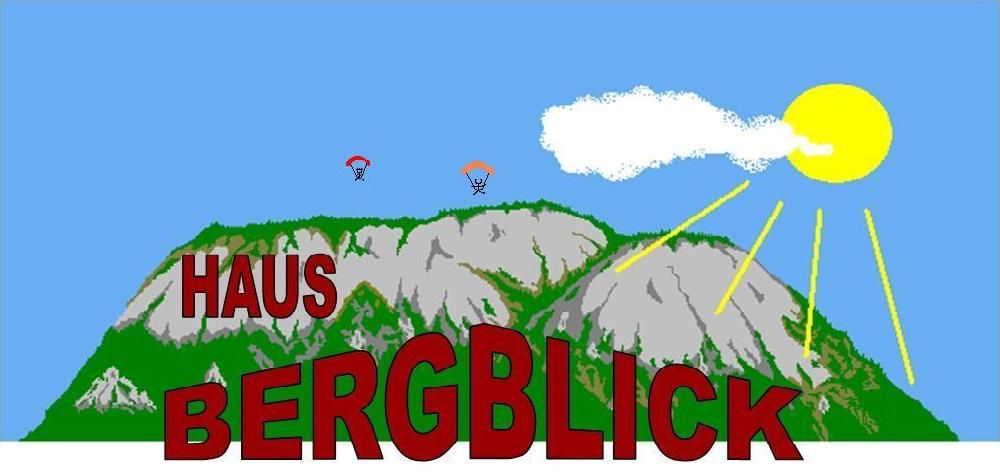 Egy hegy ábrázolása a "Haus Bergblick" felirattal, két siklóernyővel és a napfénnyel az égen.
