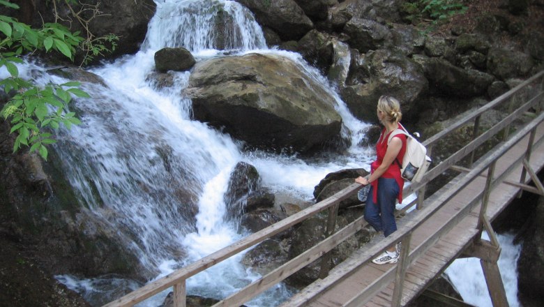 Person on wooden bridge near waterfall in wooded surroundings.