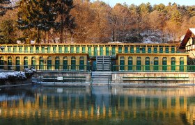 Historic thermal bath with yellow and green cabins, surrounded by trees in winter.